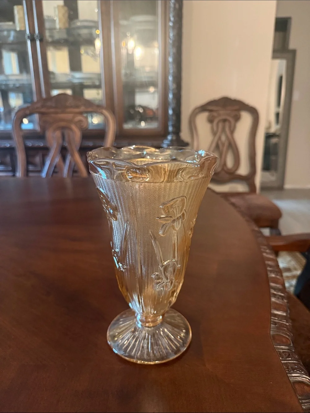 Jeanette Carnival Pressed Glass Flower Vase in Iris and Herringbone pattern.